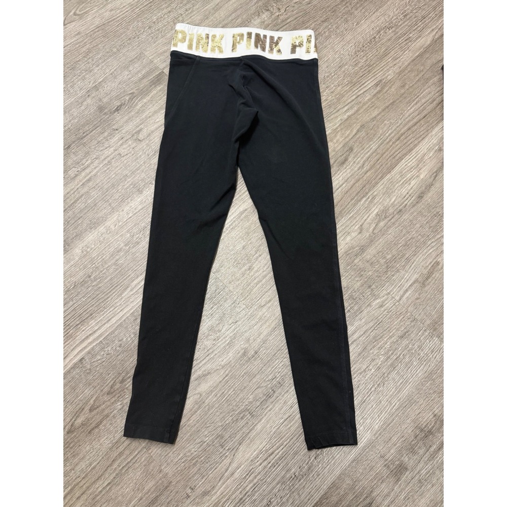 Pink‎ Victoria's Secret Yoga Leggings Black Gold Sequin Logo Waist Small - Picture 7 of 8